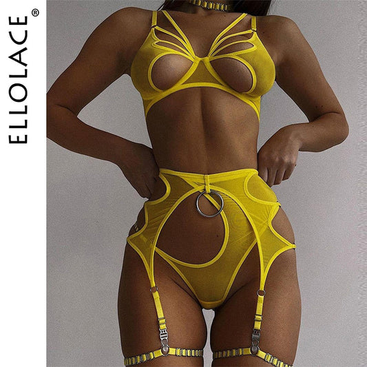 Ellolace Sexy Lingerie Cut Out Bra Erotic Brief Sets 4-Pieces Sensual Fancy Underwear Garters G-Strings Thongs Lace Exotic Set