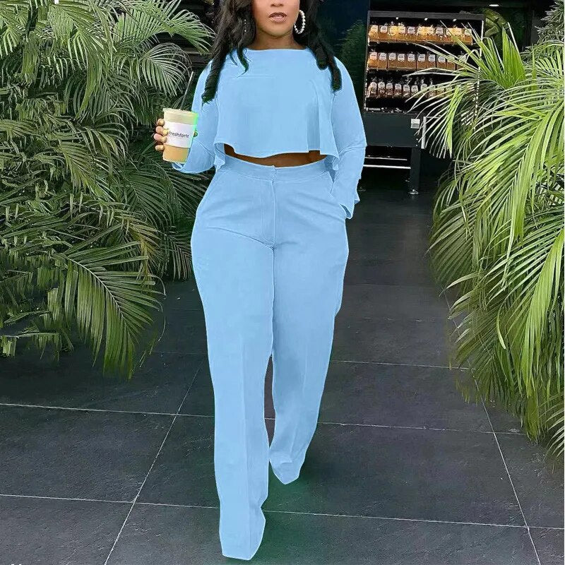 Women Fall Fashion Two Piece Set Casual Suits Solid Color Full Sleeve Dip Hem Crop Top Shirt & Loose Pants Set